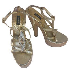 bebe Gold Strappy Rhinestone Platform Heels Size US 6